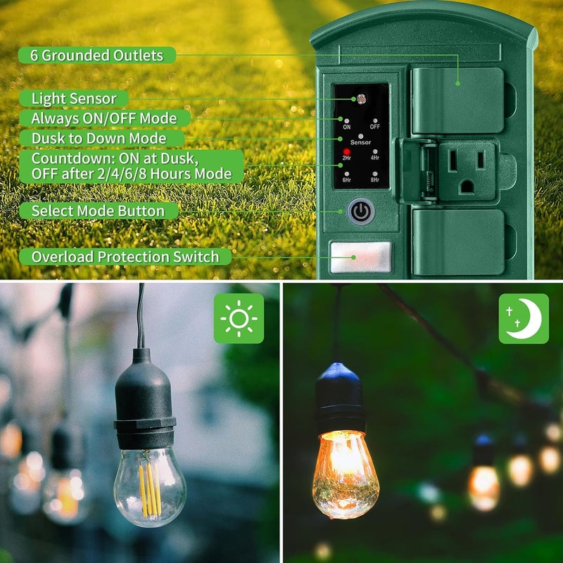 QITIM Outdoor Power Stake Timer for Christmas Light Decorations Waterproof, Dusk to Dawn, Outdoor Power Strip with 6 Outlets, 1875W/15A, 100FT Wireless Remote Control, 25FT Extension Cord, Heavy Duty - Image 3